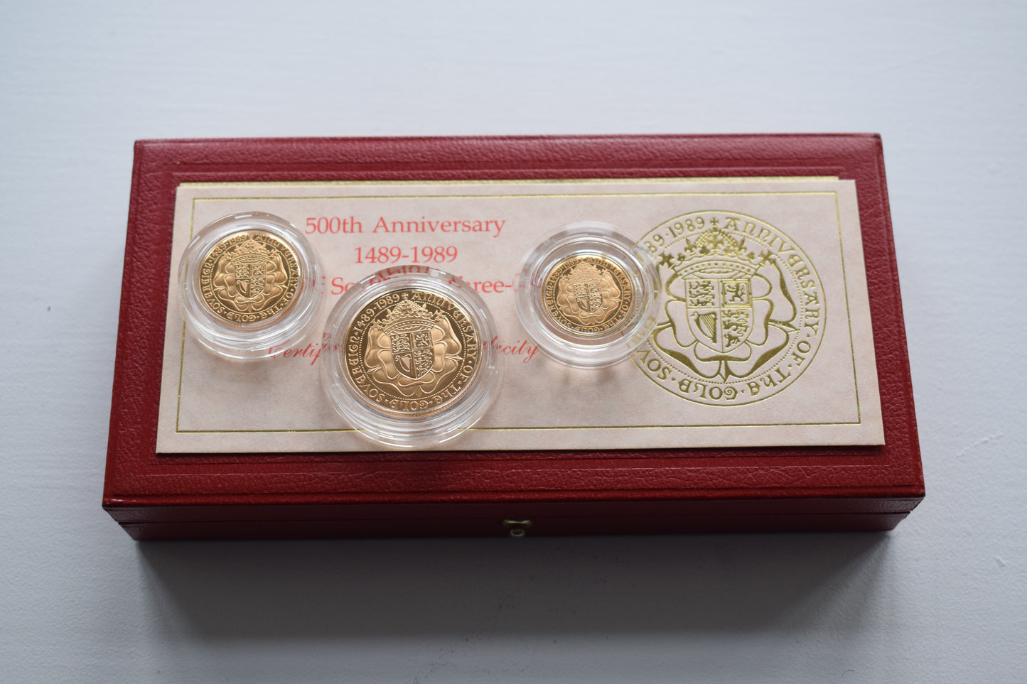 1989 Royal Mint 500th Anniversary Gold Proof 3 Coin Sovereign Set