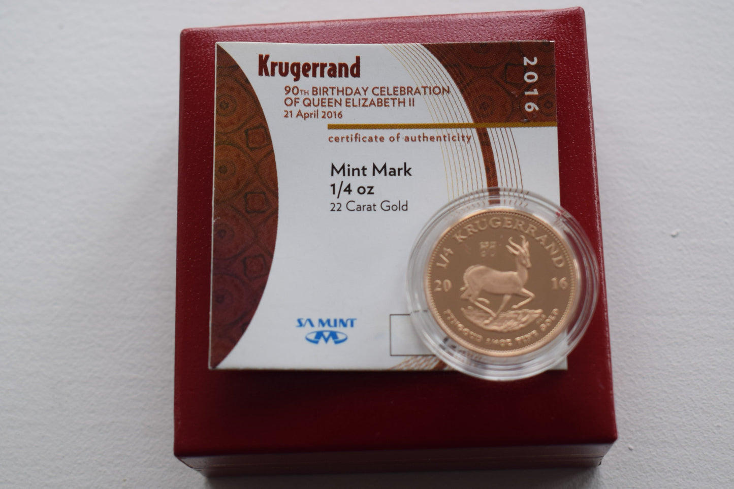 2016 SOUTH AFRICA 1/4 OZ Krugerrand QE II 90th Birthday Gold Proof Coin