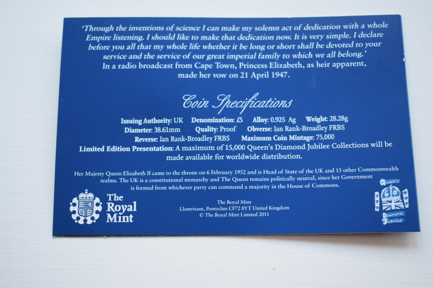 2012 Royal Mint Diamond Jubilee Queens Accession Silver Proof £5 Coin