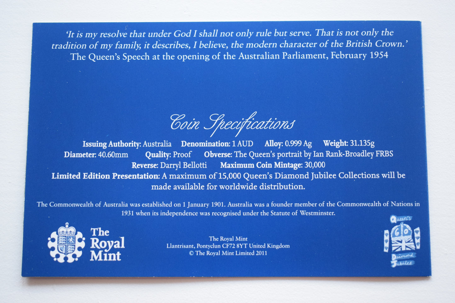 2012 Australian Mint Diamond Jubilee Queens Coronation Tour Silver Proof $1 Coin - Carded