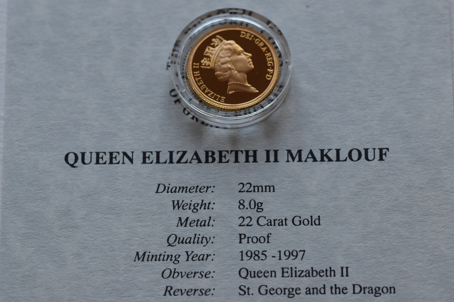1985 RM QE II George & Dragon Gold Proof Sovereign