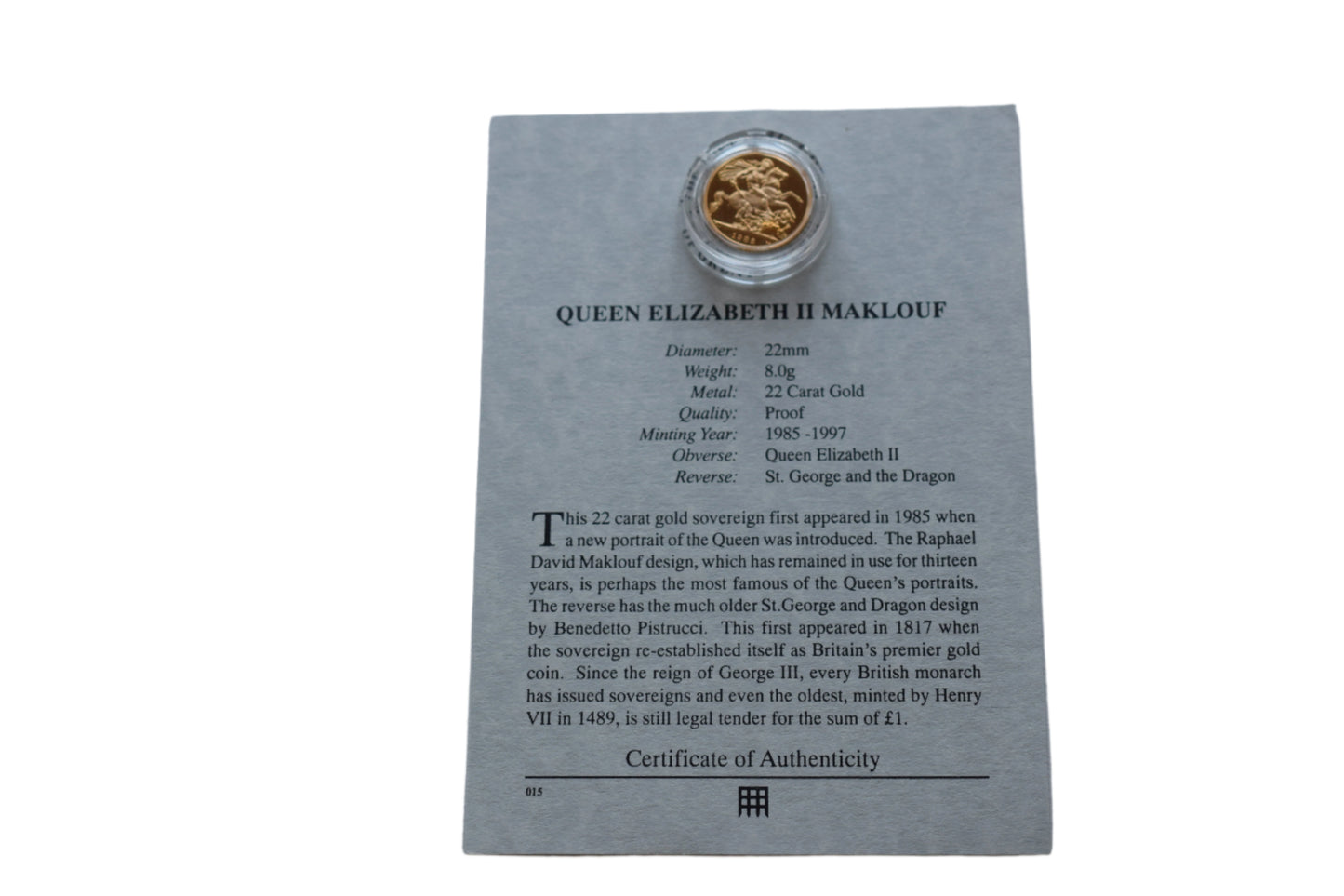 1985 RM QE II George & Dragon Gold Proof Sovereign