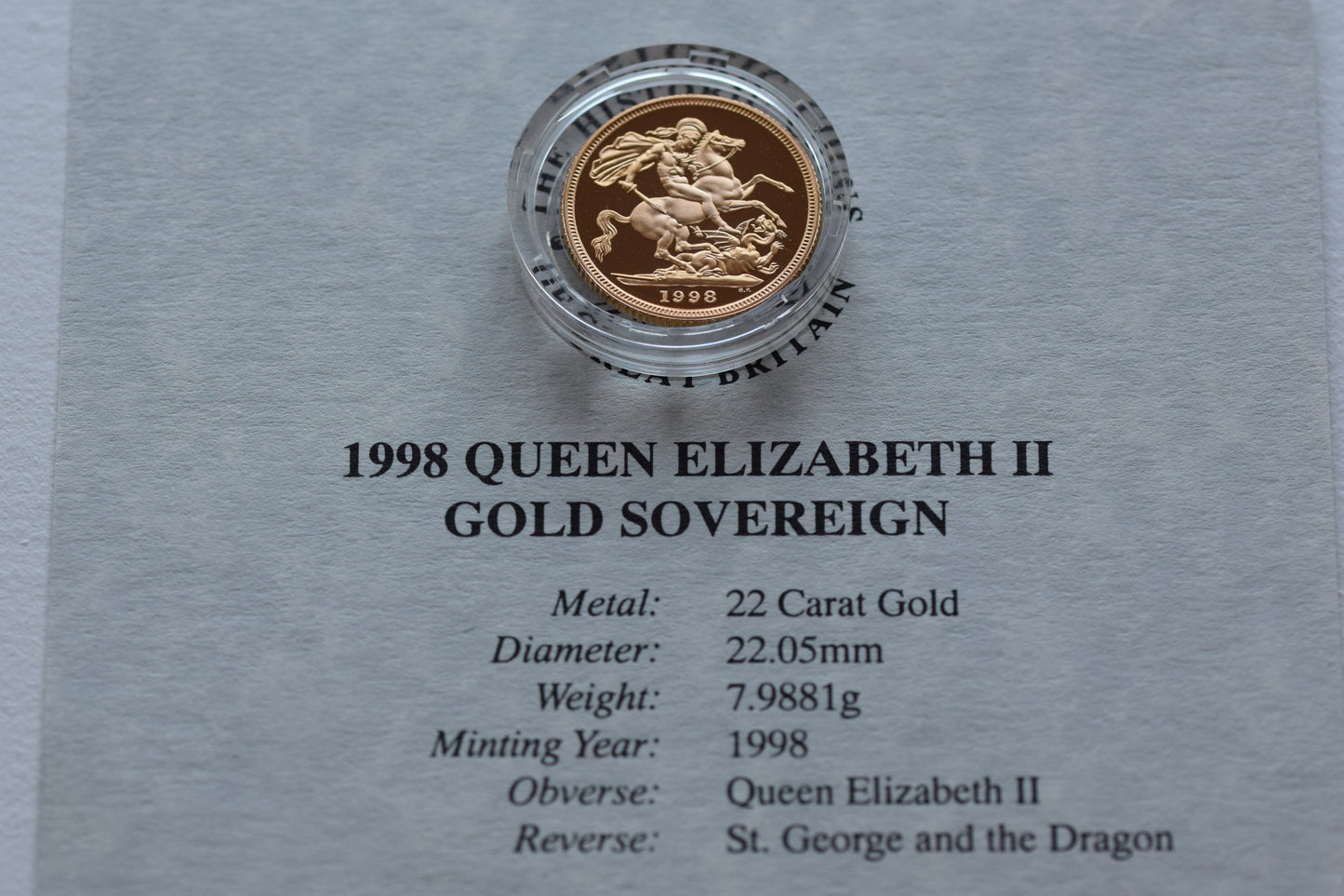 1998 RM QE II George & Dragon Gold Proof Sovereign