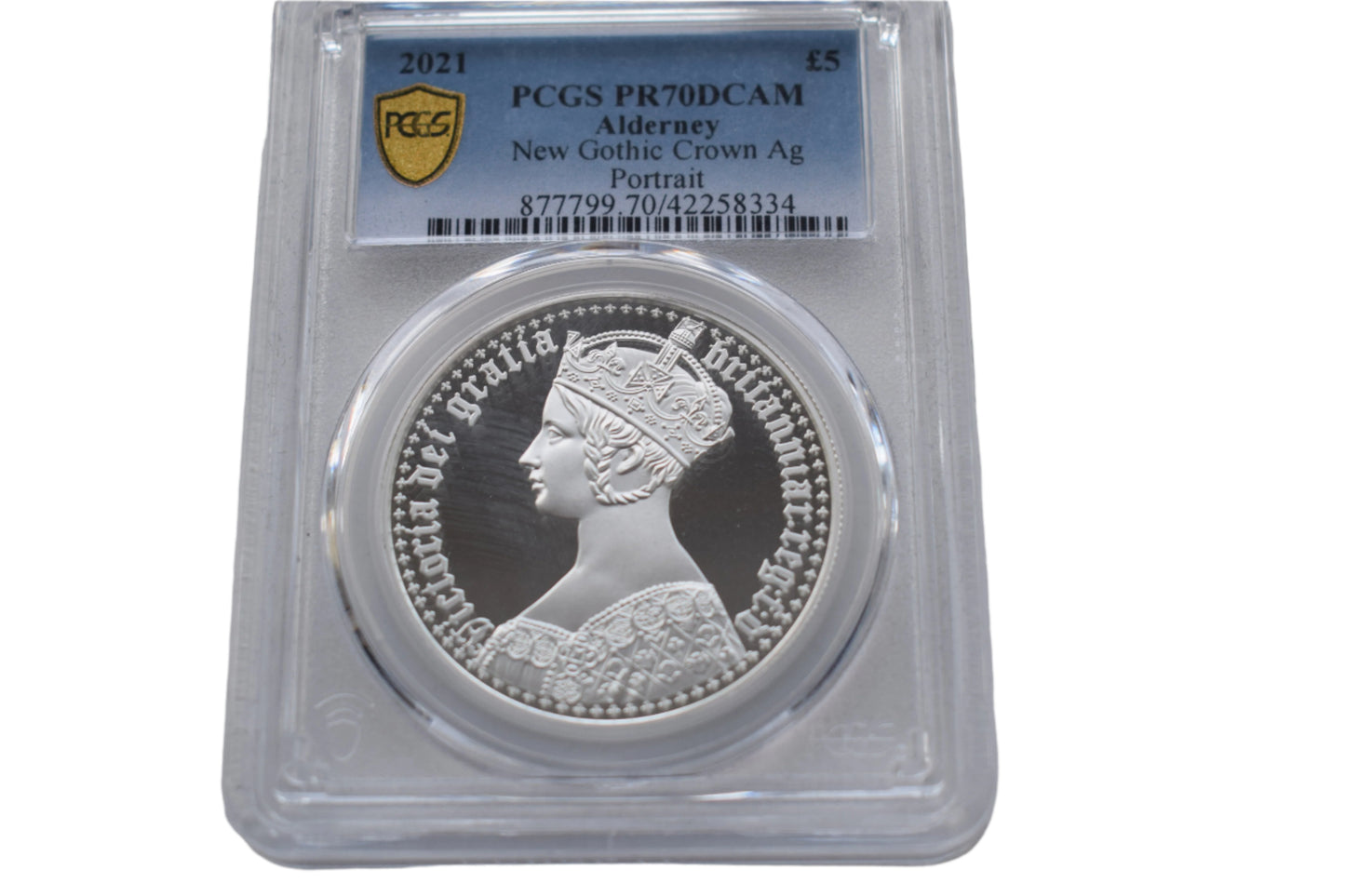 2021 Alderney QE II Gothic Crown Portrait £5 Silver Proof PCGS PR70DCAM Coin