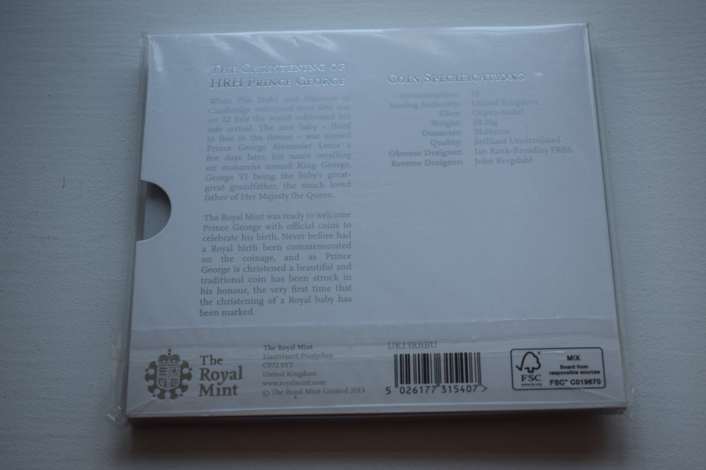2013 Royal Mint Christening of Prince George £5 BU Cupro Nickel Coin