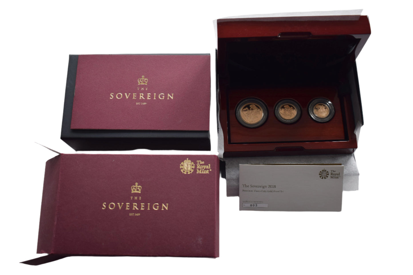 2018 RM QE II 65th Coronation year 25.62 g Gold Proof 3 Coin Sov Set Box COA