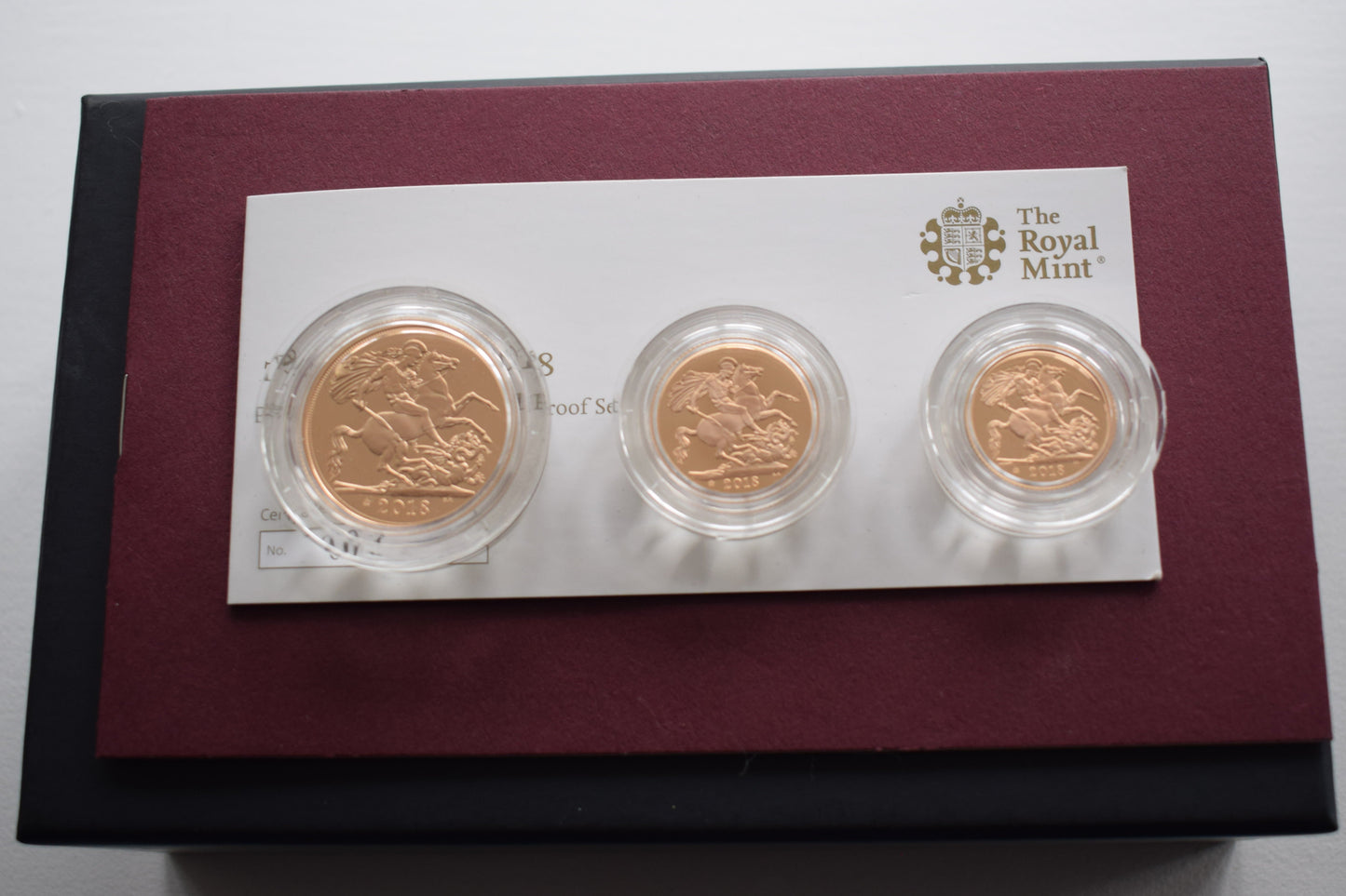 2018 RM QE II 65th Coronation year 25.62 g Gold Proof 3 Coin Sov Set Box COA