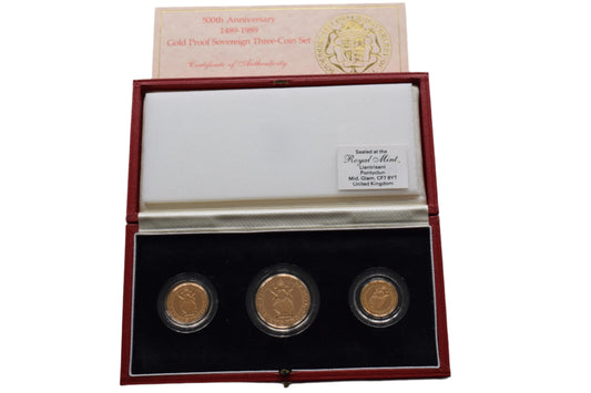 1989 RM 500th Anniversary Gold Proof 3 Coin Sovereign Set Box COA