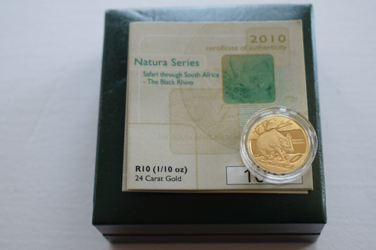 2010 GOLD SOUTH AFRICA 1/10 OZ 10 RAND BLACK RHINO NATURA COIN BOX COA