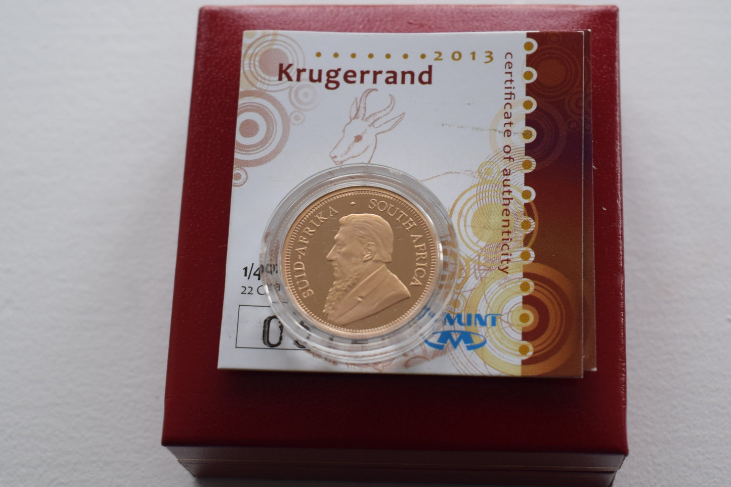 2013 SOUTH AFRICA 1/4 OZ 7.78 g Krugerrand Proof Gold COIN BOX COA