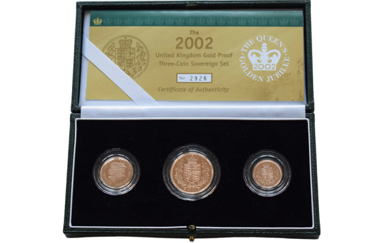 2002 RM Golden Jubilee Design Gold Proof 3 Coin Sovereign Set Box COA