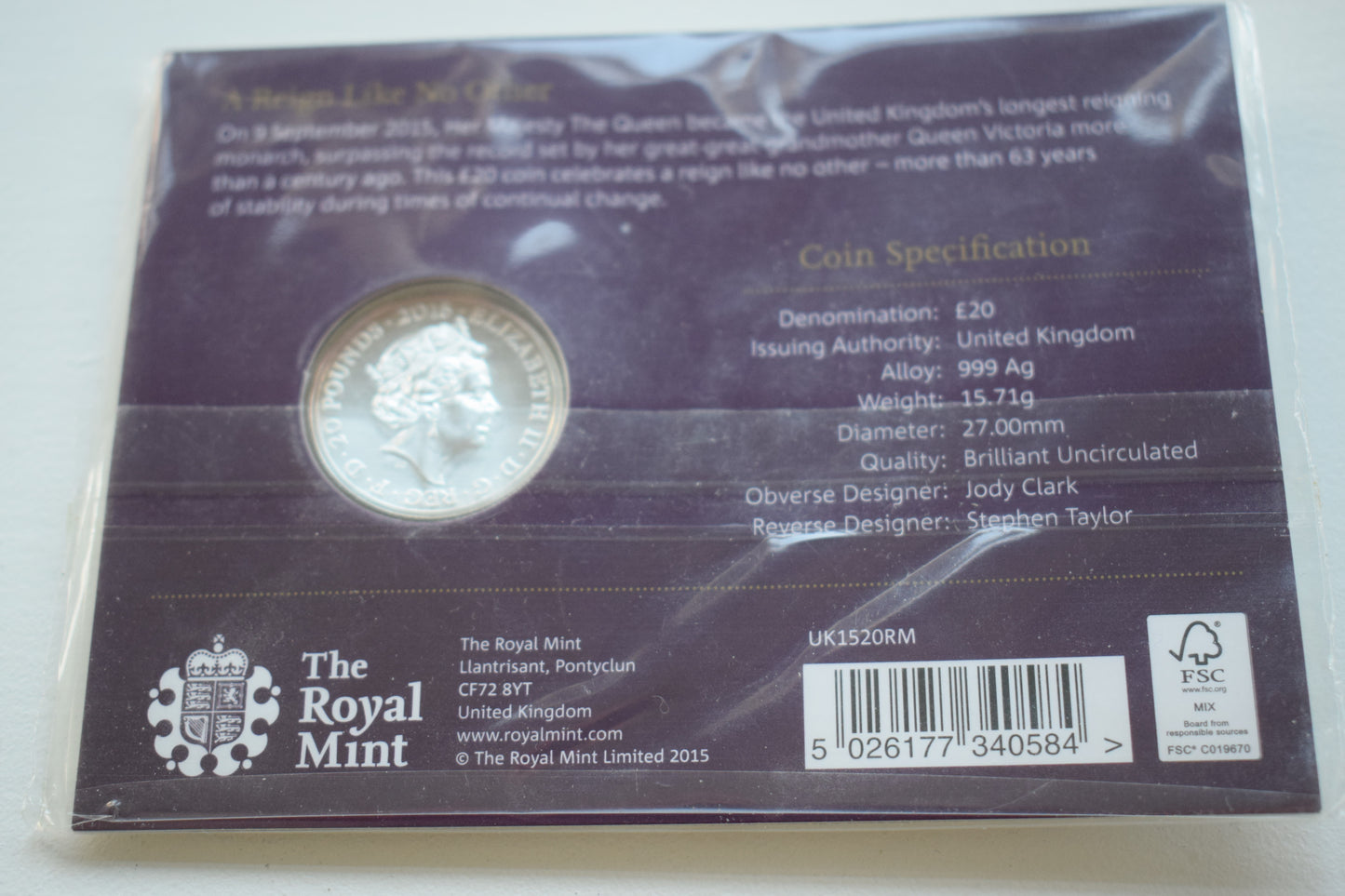 2015 UK The Longest Reigning Monarch £20 Fine Silver Coin