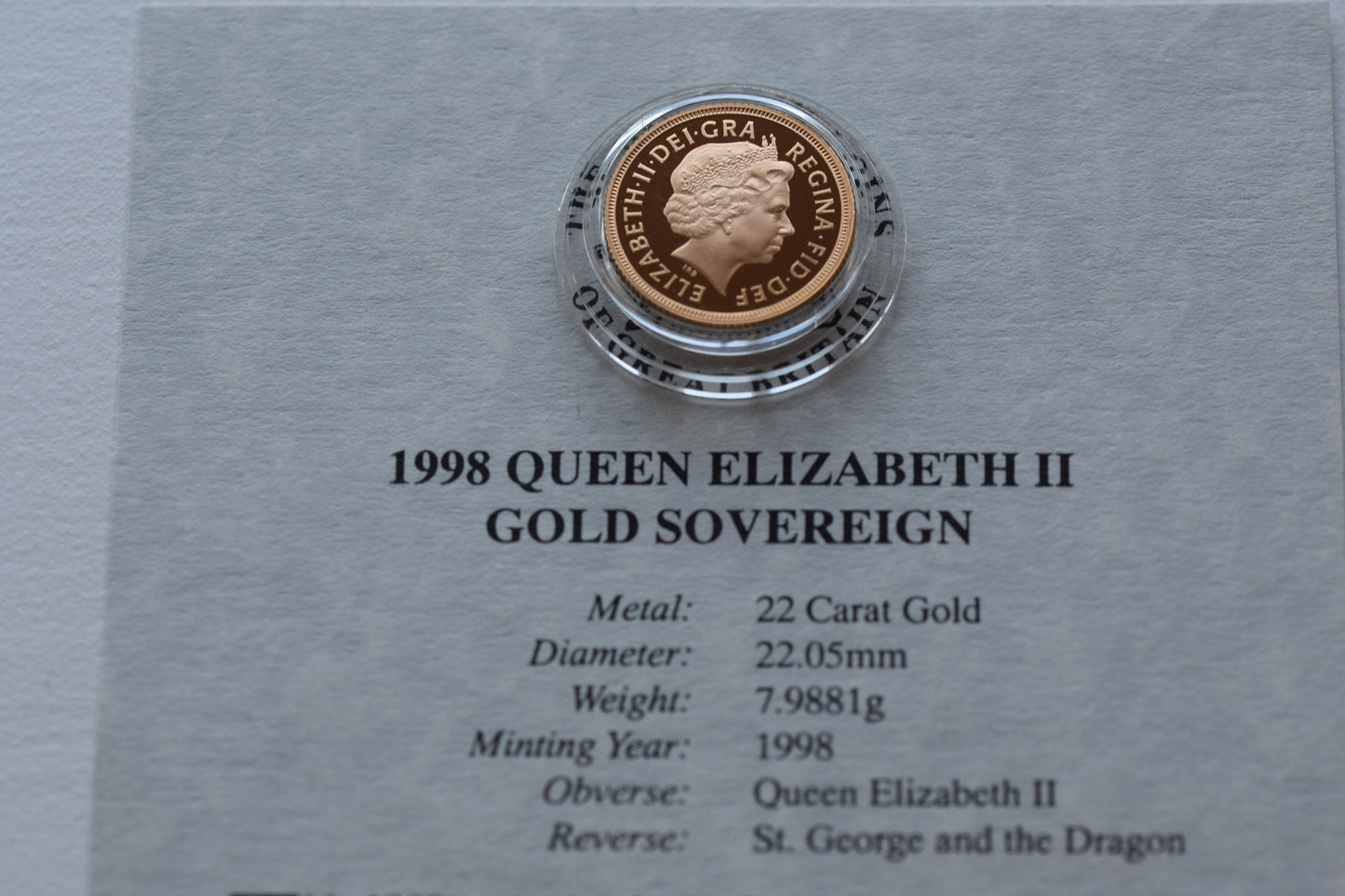 1998 RM QE II George & Dragon Gold Proof Sovereign